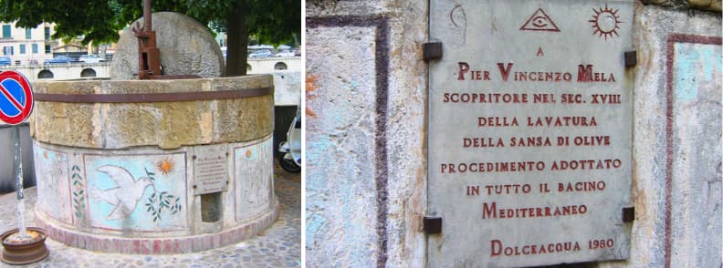 Monumento al Gumbo et Fontana del Rossese à Dolceacqua Italie – "À Pier Vincenzo Mela, découvreur au XVIIIe siècle du lavage de la grignon d’olive, un procédé adopté dans tout le bassin méditerranéen. Dolceacqua 1980."