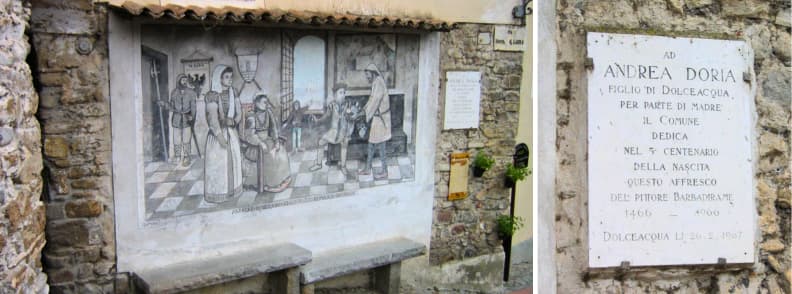 Fresque historique et plaque d'Andrea Doria à Dolceacqua Italie – un hommage au célèbre amiral, peint par Barberis en 1966. Un joyau caché de Dolceacqua, offrant un aperçu fascinant de l’histoire riche du village.