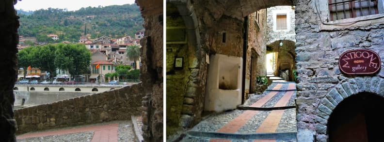 La vieille ville médiévale de Dolceacqua Italie (quartier Terra) – un labyrinthe de ruelles pavées, d’arcades en pierre et d’échoppes artisanales. Un des joyaux cachés de la Riviera Italienne.