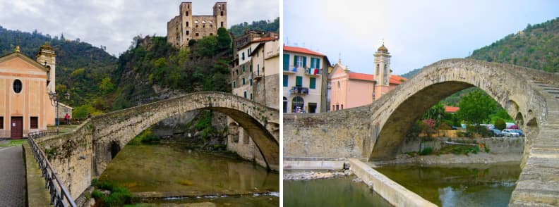 Ponte Vecchio sur la rivière Nervia à Dolceacqua Italie – Un superbe pont médiéval qui mène à la vieille ville historique et au Château Doria. L'un des joyaux cachés de Ligurie.